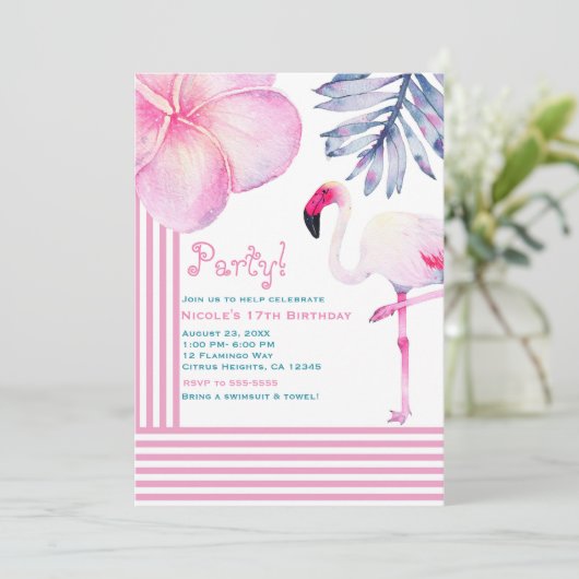 Flamingo Pink & White Stripes Verjaardagsfeest Kaart (Staand voorkant)