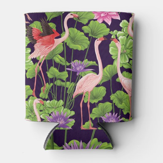 Flamingo, planten, zwarte achtergrond. blikjeskoeler (Voorkant)