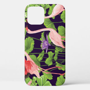 Flamingo, planten, zwarte achtergrond. Case-Mate iPhone case