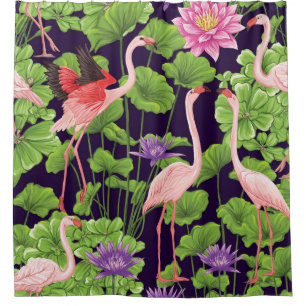Flamingo, planten, zwarte achtergrond. douchegordijn