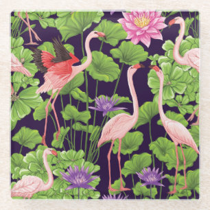 Flamingo, planten, zwarte achtergrond. glazen onderzetter
