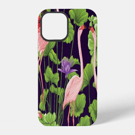 Flamingo, planten, zwarte achtergrond. iPhone hoesje (Achterkant)