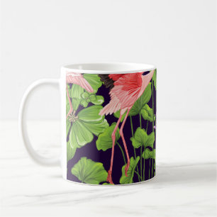 Flamingo, planten, zwarte achtergrond. koffiemok