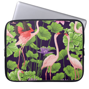 Flamingo, planten, zwarte achtergrond. laptop sleeve