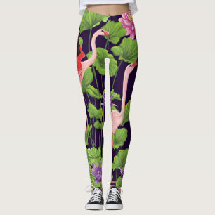 Flamingo, planten, zwarte achtergrond. leggings