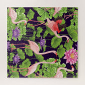 Flamingo, planten, zwarte achtergrond. legpuzzel (Horizontaal)