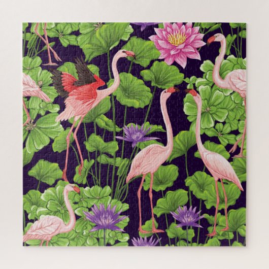 Flamingo, planten, zwarte achtergrond. legpuzzel (Verticaal)