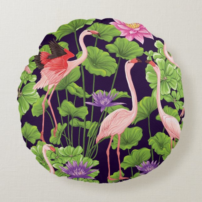Flamingo, planten, zwarte achtergrond. rond kussen (Voorkant)