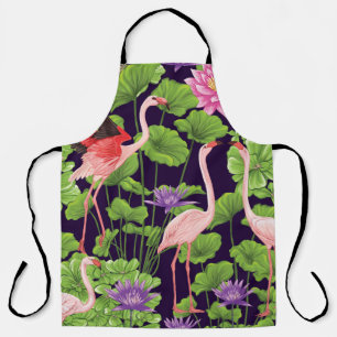 Flamingo, planten, zwarte achtergrond. schort