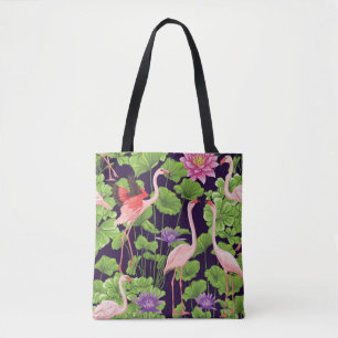 Flamingo, planten, zwarte achtergrond. tote bag