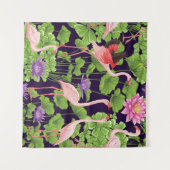 Flamingo, planten, zwarte achtergrond. wandkleed (Voorkant (horizontaal))