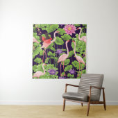 Flamingo, planten, zwarte achtergrond. wandkleed (In situ)