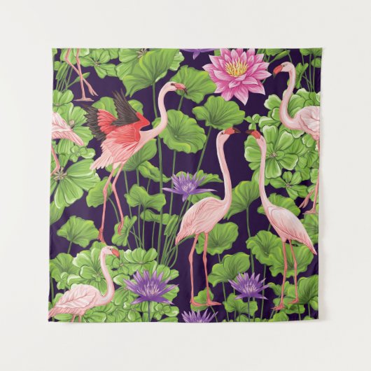 Flamingo, planten, zwarte achtergrond. wandkleed (Voorkant)