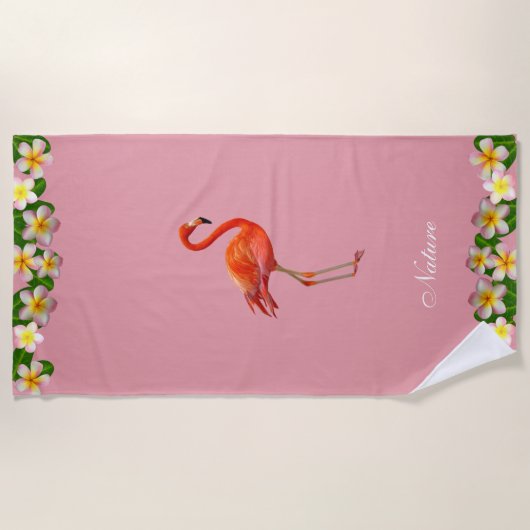 Flamingo & Plumeria Flowers op Roos Gold Pink Strandlaken (Voorkant)