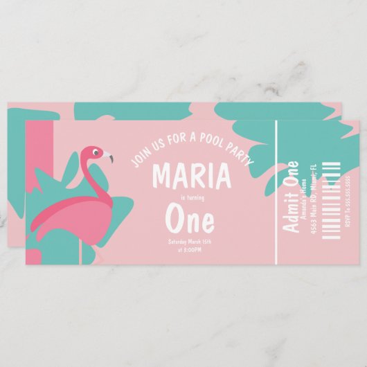 Flamingo Pool Birthday Ticket Party Kaart (Voorkant / Achterkant)
