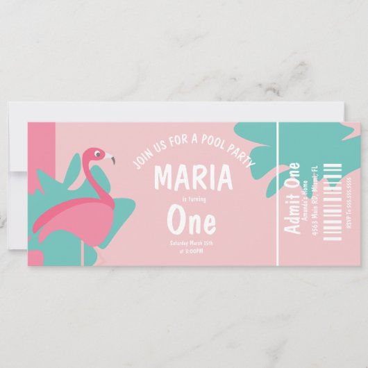 Flamingo Pool Birthday Ticket Party Kaart (Voorkant)