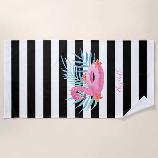 Flamingo Pool Float Black White Stripes Strandlaken (Voorkant)