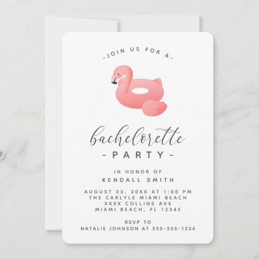Flamingo Pool Float Minimal Bachelorette Party Kaart (Voorkant)