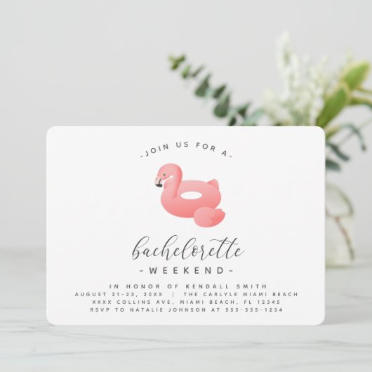 Flamingo Pool Float Minimal Bachelorette Weekend Kaart (Staand voorkant)