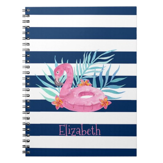 Flamingo Pool Float Navy Blue Stripes Notitieboek (Voorkant)