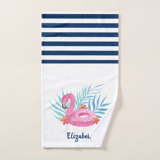 Flamingo Pool Float Navy Blue White Striped Bad Handdoek (Handdoek)