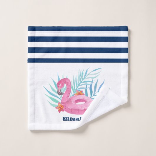 Flamingo Pool Float Navy Blue White Striped Bad Handdoek (Wasdoekje)