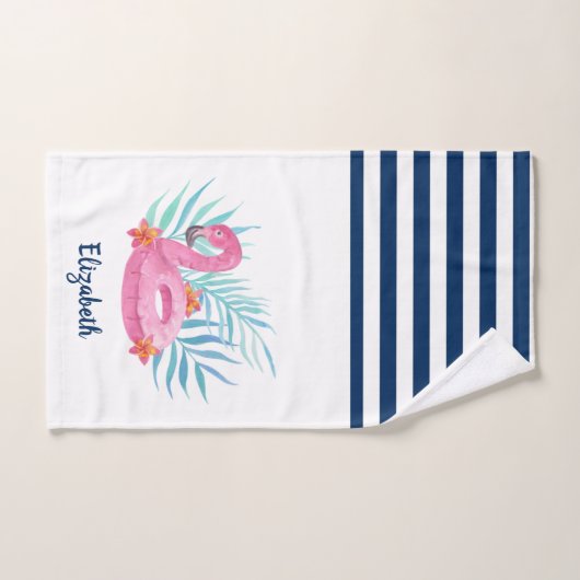 Flamingo Pool Float Navy Blue White Striped Bad Handdoek (Handdoek)