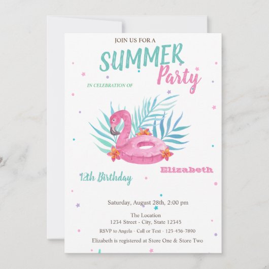 Flamingo Pool Float Summer Birthday Kaart (Voorkant)