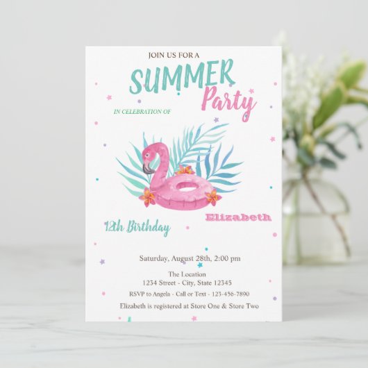 Flamingo Pool Float Summer Birthday Kaart (Staand voorkant)