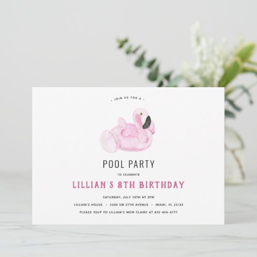 Flamingo Pool Party Birthday Invitation Kaart (Staand voorkant)