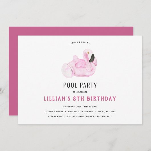 Flamingo Pool Party Birthday Invitation Kaart (Voorkant / Achterkant)
