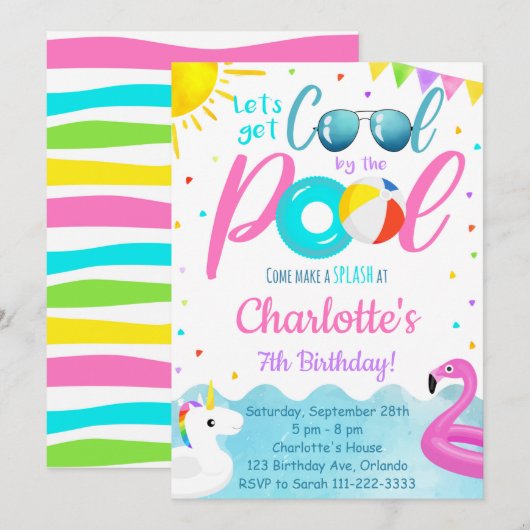 Flamingo Pool Party Birthday Invitation Kaart (Voorkant / Achterkant)