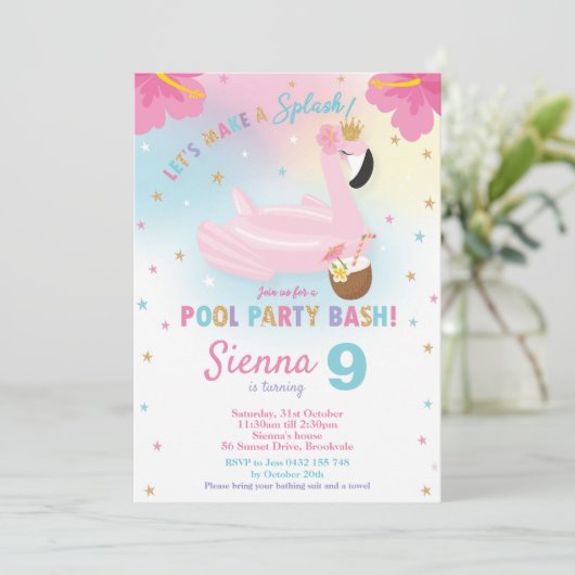 Flamingo Pool Party Birthday Invitation Kaart (Staand voorkant)
