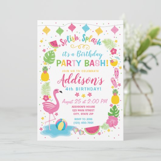 Flamingo Pool Party Birthday Invitation Kaart (Staand voorkant)