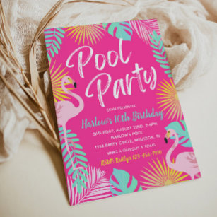 Flamingo Pool Party Birthday Invitation Kaart