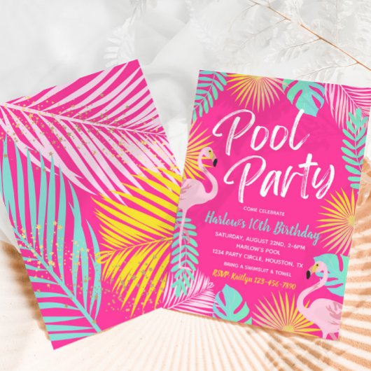 Flamingo Pool Party Birthday Invitation Kaart