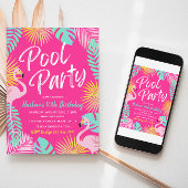 Flamingo Pool Party Birthday Invitation Kaart