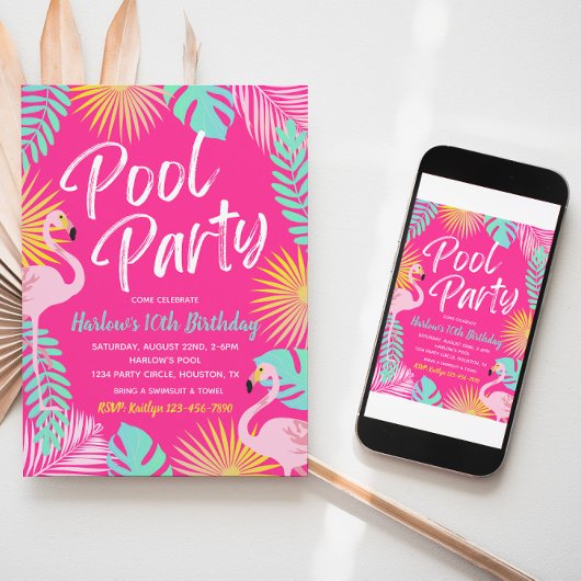 Flamingo Pool Party Birthday Invitation Kaart