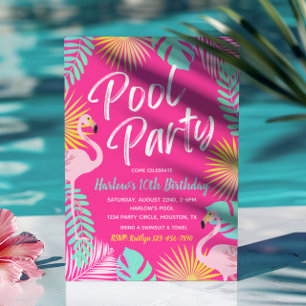 Flamingo Pool Party Birthday Invitation Kaart