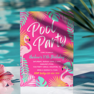 Flamingo Pool Party Birthday Invitation Kaart