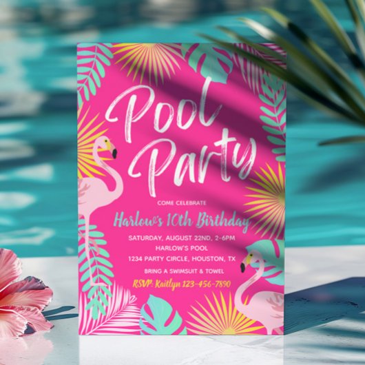 Flamingo Pool Party Birthday Invitation Kaart