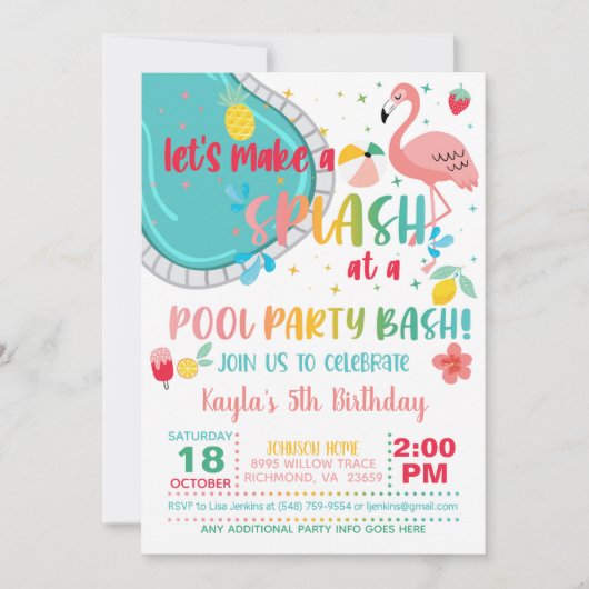 Flamingo Pool Party Birthday Invitation Kaart (Voorkant)