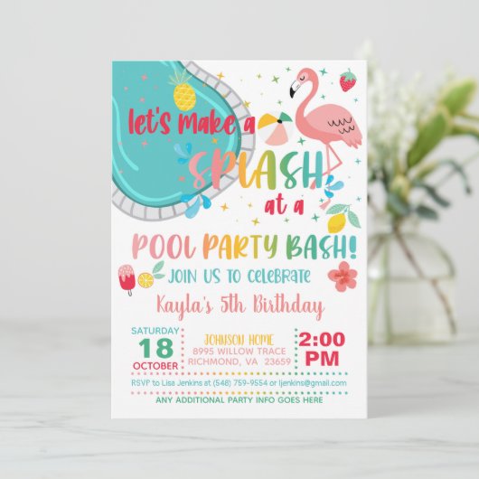 Flamingo Pool Party Birthday Invitation Kaart (Staand voorkant)