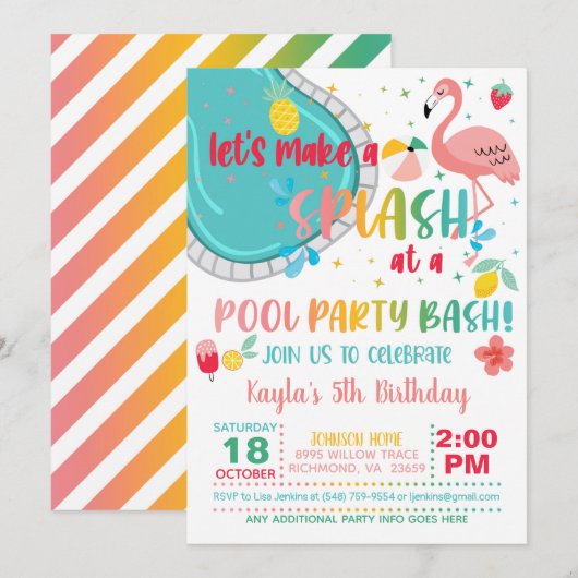 Flamingo Pool Party Birthday Invitation Kaart (Voorkant / Achterkant)