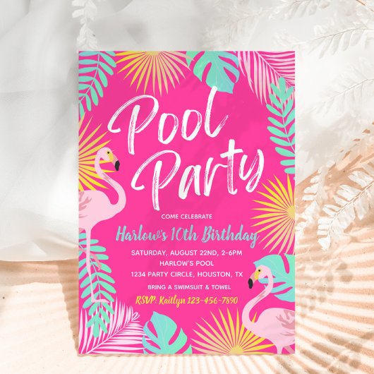 Flamingo Pool Party Birthday Invitation | Pool Kaart
