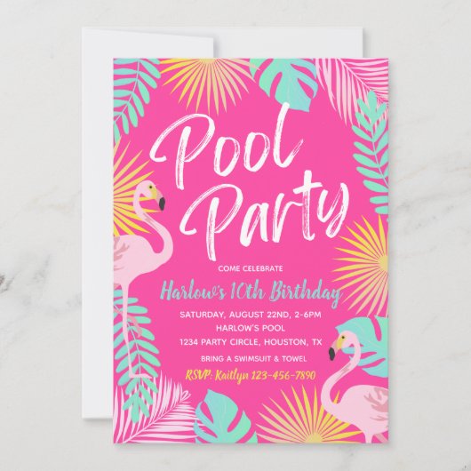 Flamingo Pool Party Birthday Invitation | Pool Kaart (Voorkant)