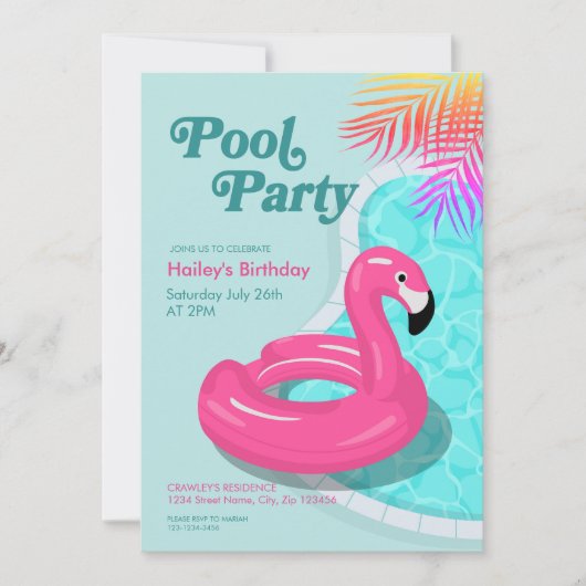 Flamingo Pool Party Birthday Invite Pink Kaart (Voorkant)