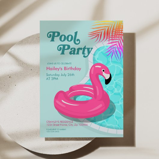 Flamingo Pool Party Birthday Invite Pink Kaart