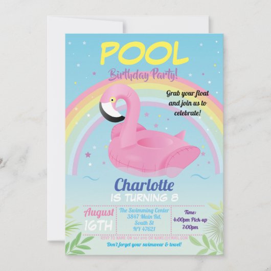 Flamingo Pool Party Birthday Rainbow Beach Float Kaart (Voorkant)