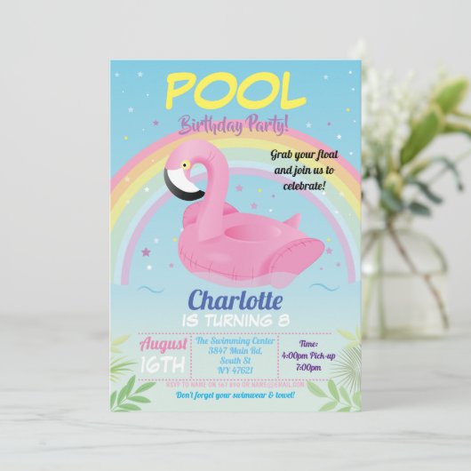 Flamingo Pool Party Birthday Rainbow Beach Float Kaart (Staand voorkant)
